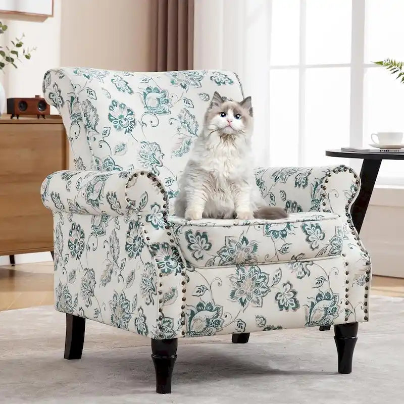 Fauteuil rembourré capitonné à accoudoirs roulés, motifs floraux et unis, avec garniture cloutée, une place, lot de 2