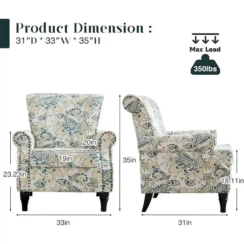 Fauteuil rembourré capitonné à accoudoirs roulés, motifs floraux et unis, avec garniture cloutée, une place, lot de 2