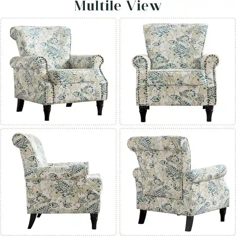 Fauteuil rembourré capitonné à accoudoirs roulés, motifs floraux et unis, avec garniture cloutée, une place, lot de 2