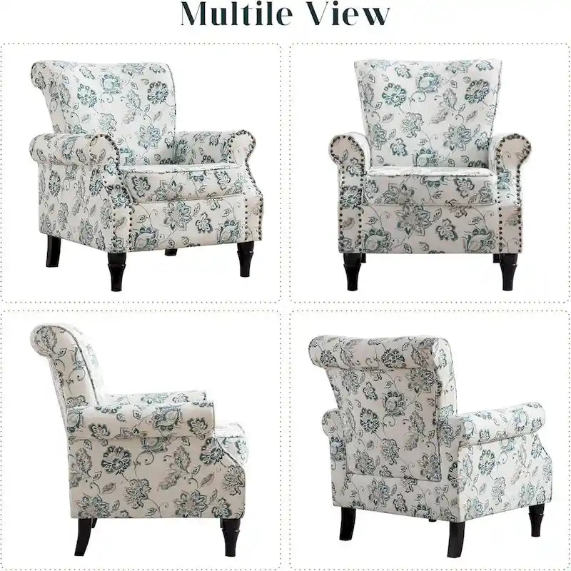 Fauteuil rembourré capitonné à accoudoirs roulés, motifs floraux et unis, avec garniture cloutée, une place, lot de 2