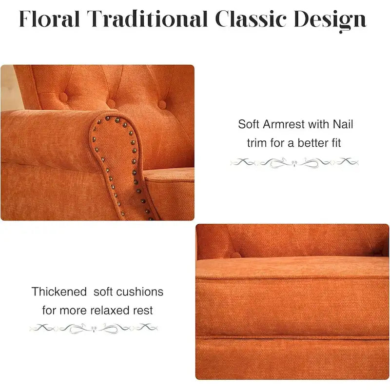 Fauteuil rembourré capitonné à accoudoirs roulés, motifs floraux et unis, avec garniture cloutée, une place, lot de 2