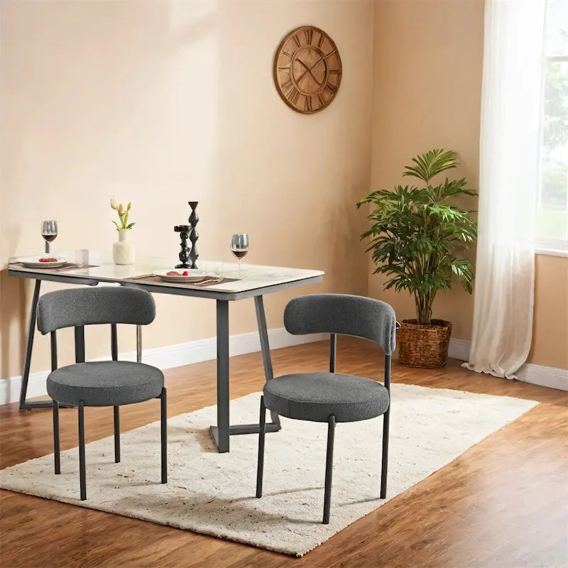 Lot de 2 chaises de salle à manger avec dossier incurvé en tissu bouclé, blanc/gris/vert/marron