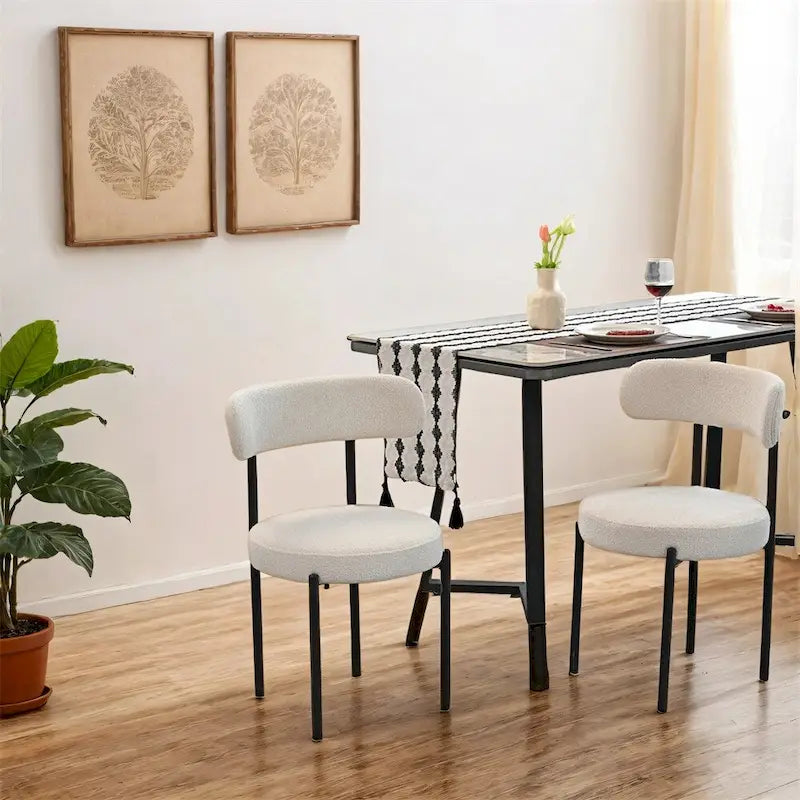 Lot de 2 chaises de salle à manger avec dossier incurvé en tissu bouclé, blanc/gris/vert/marron