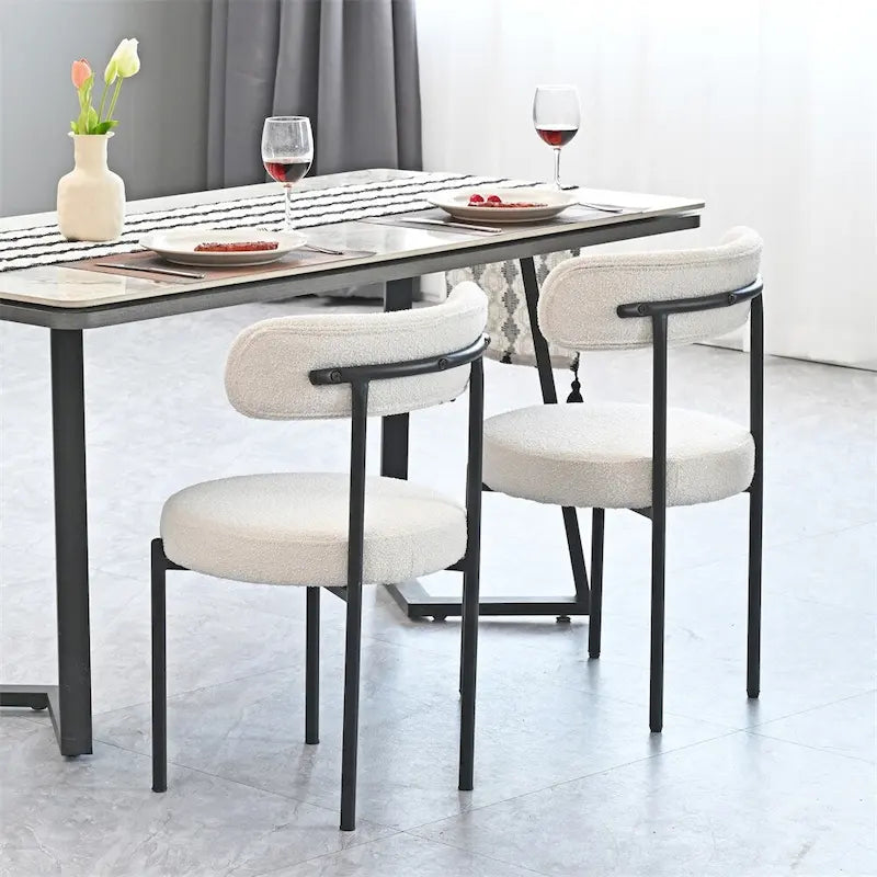 Lot de 2 chaises de salle à manger avec dossier incurvé en tissu bouclé, blanc/gris/vert/marron