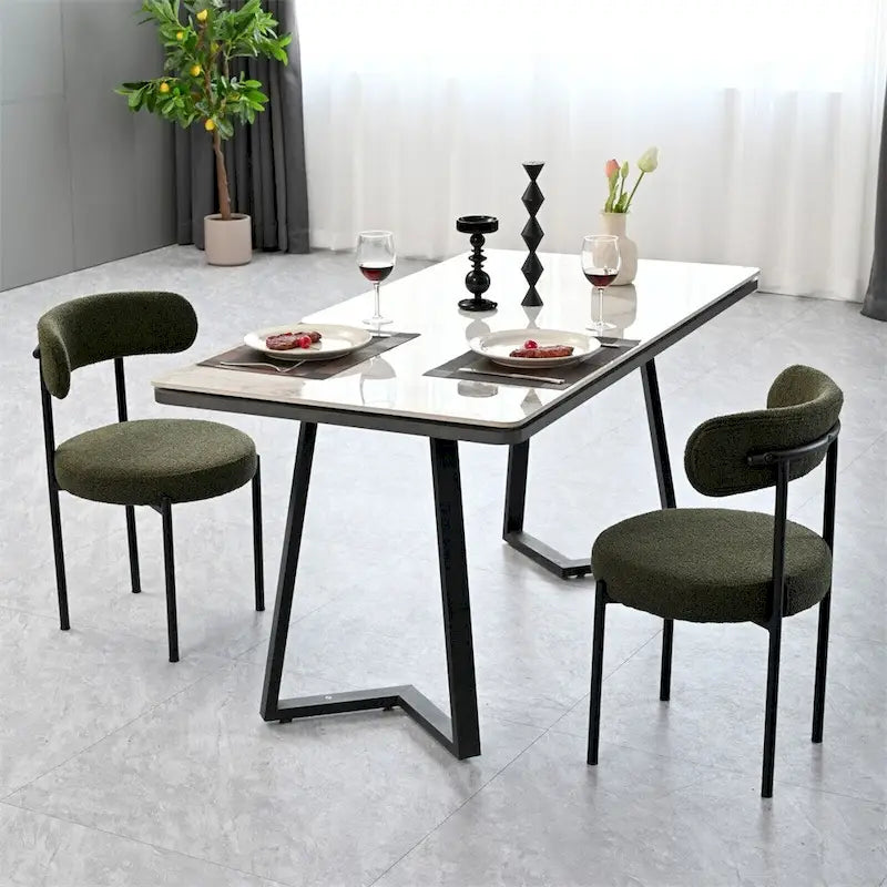 Lot de 2 chaises de salle à manger avec dossier incurvé en tissu bouclé, blanc/gris/vert/marron