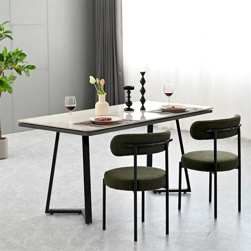 Lot de 2 chaises de salle à manger avec dossier incurvé en tissu bouclé, blanc/gris/vert/marron