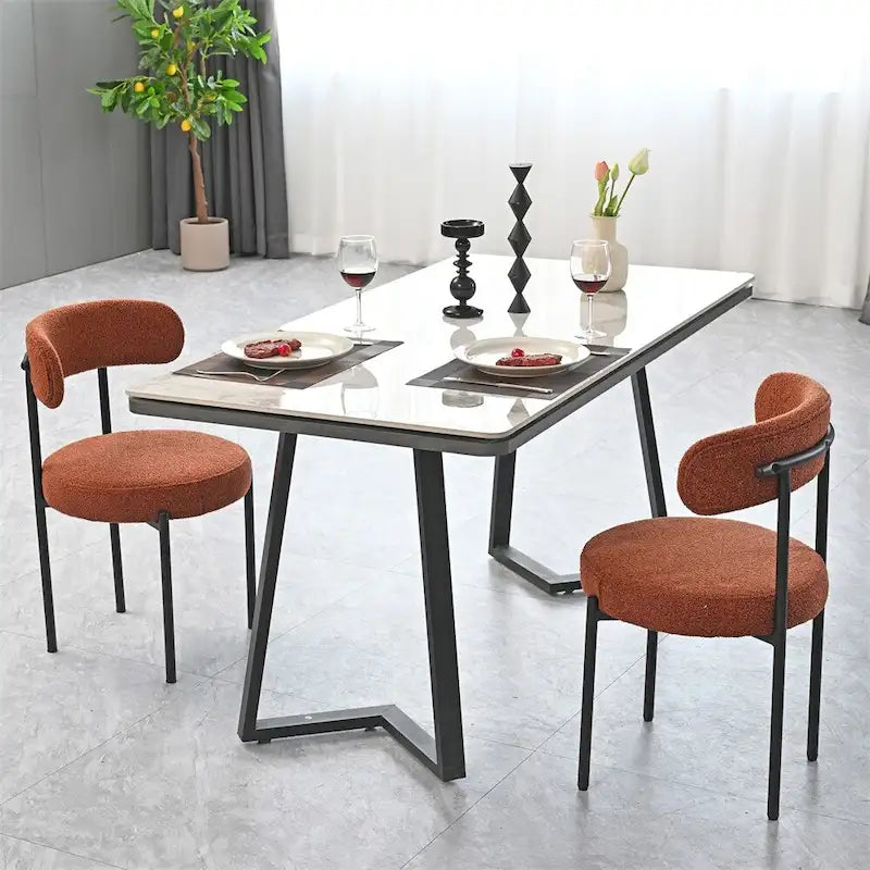 Lot de 2 chaises de salle à manger avec dossier incurvé en tissu bouclé, blanc/gris/vert/marron