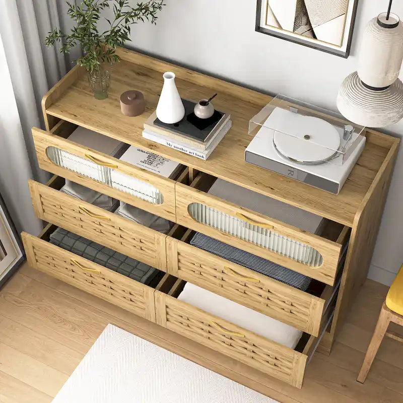 Commode 6 tiroirs en bois naturel et doré, simple, L119 x P41 x H79 cm