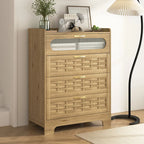 Commode 6 tiroirs en bois naturel et doré, simple, L119 x P41 x H79 cm