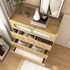 Commode 6 tiroirs en bois naturel et doré, simple, L119 x P41 x H79 cm