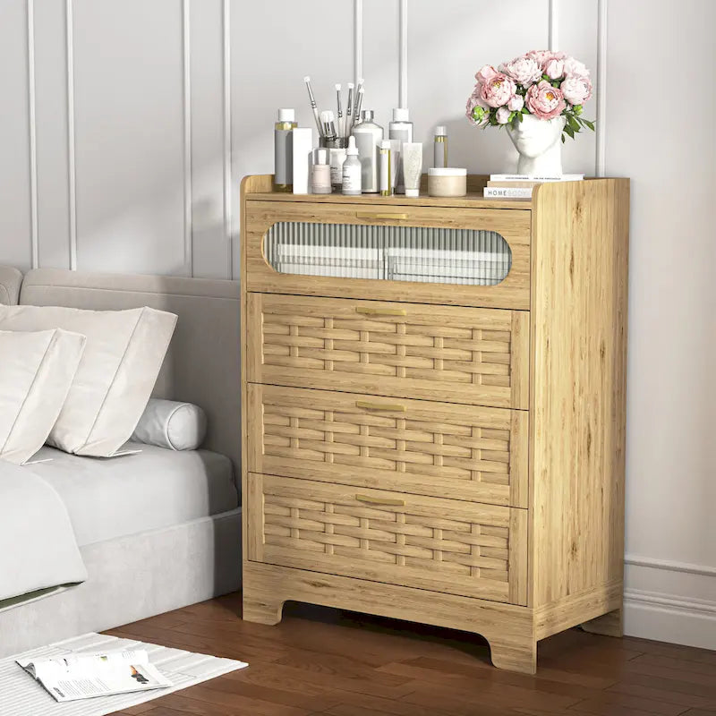 Commode 6 tiroirs en bois naturel et doré, simple, L119 x P41 x H79 cm