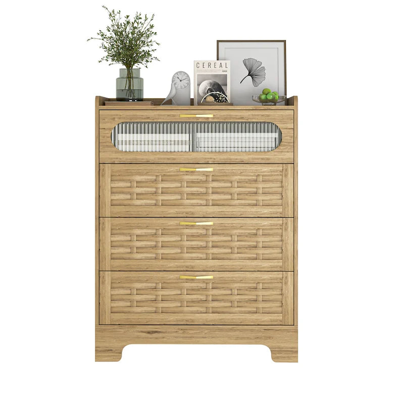 Commode 6 tiroirs en bois naturel et doré, simple, L119 x P41 x H79 cm