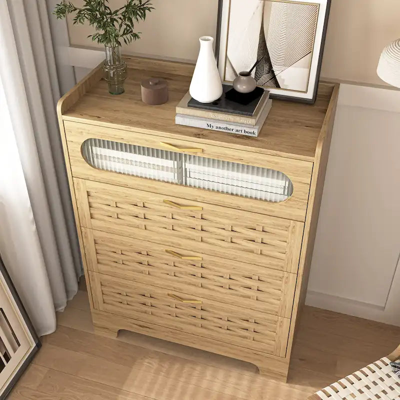 Commode 6 tiroirs en bois naturel et doré, simple, L119 x P41 x H79 cm