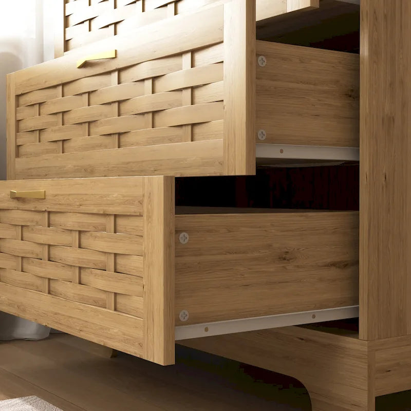 Commode 6 tiroirs en bois naturel et doré, simple, L119 x P41 x H79 cm