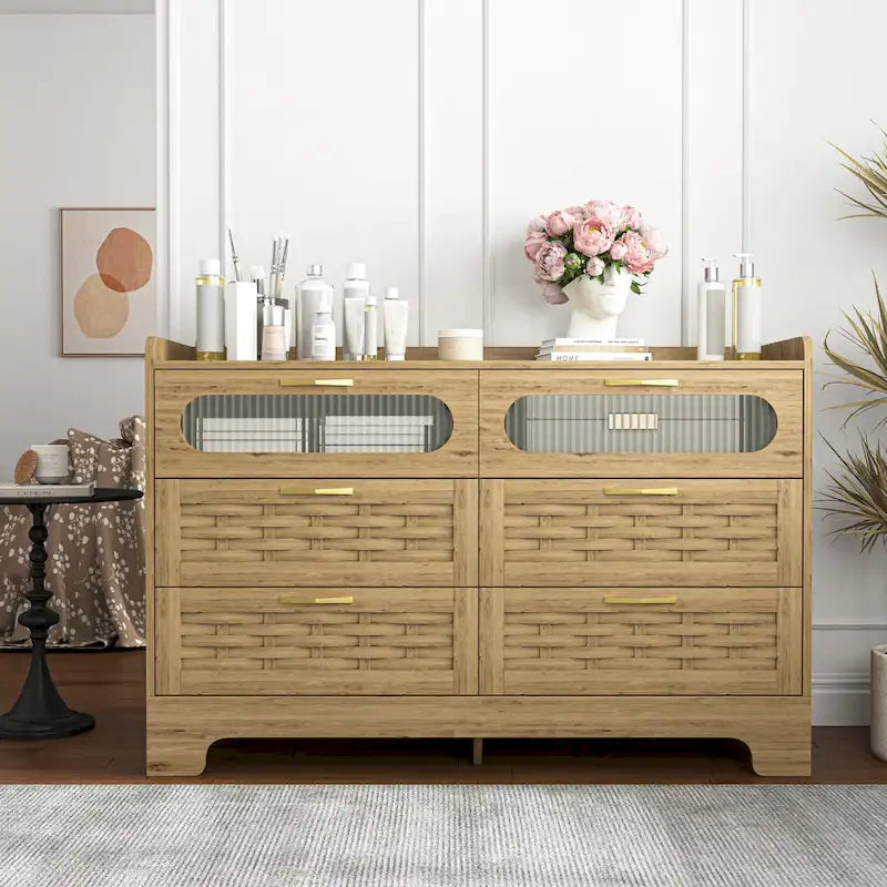 Commode 6 tiroirs en bois naturel et doré, simple, L119 x P41 x H79 cm