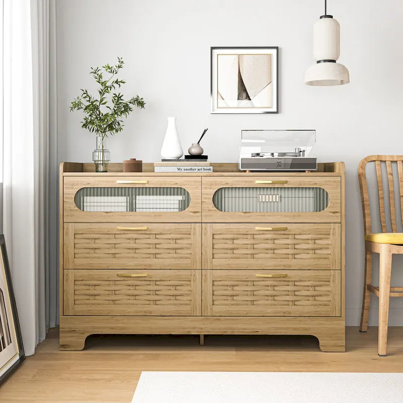 Commode 6 tiroirs en bois naturel et doré, simple, L119 x P41 x H79 cm