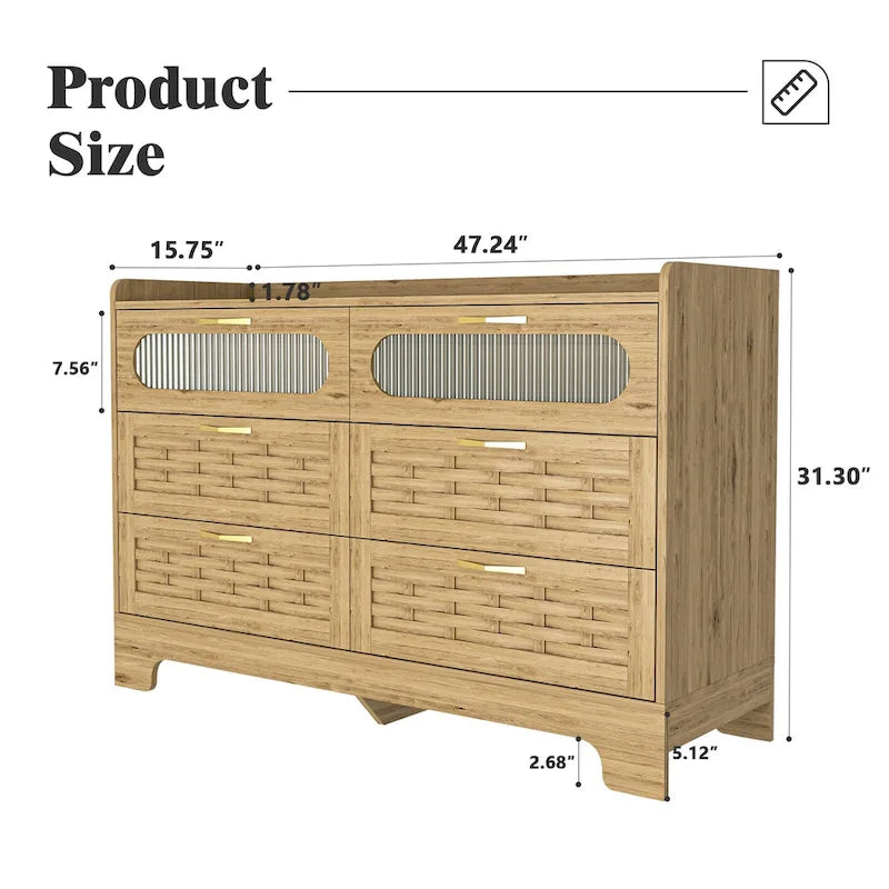 Commode 6 tiroirs en bois naturel et doré, simple, L119 x P41 x H79 cm