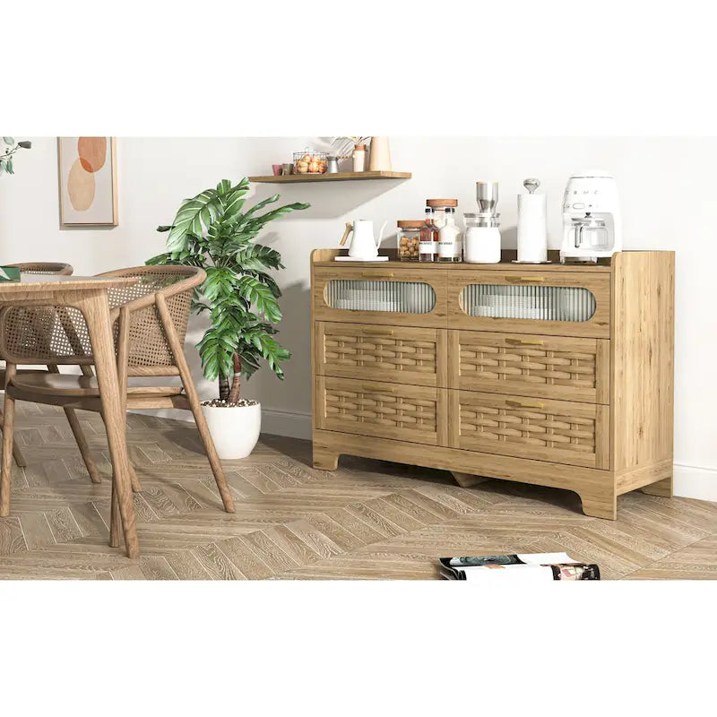 Commode 6 tiroirs en bois naturel et doré, simple, L119 x P41 x H79 cm