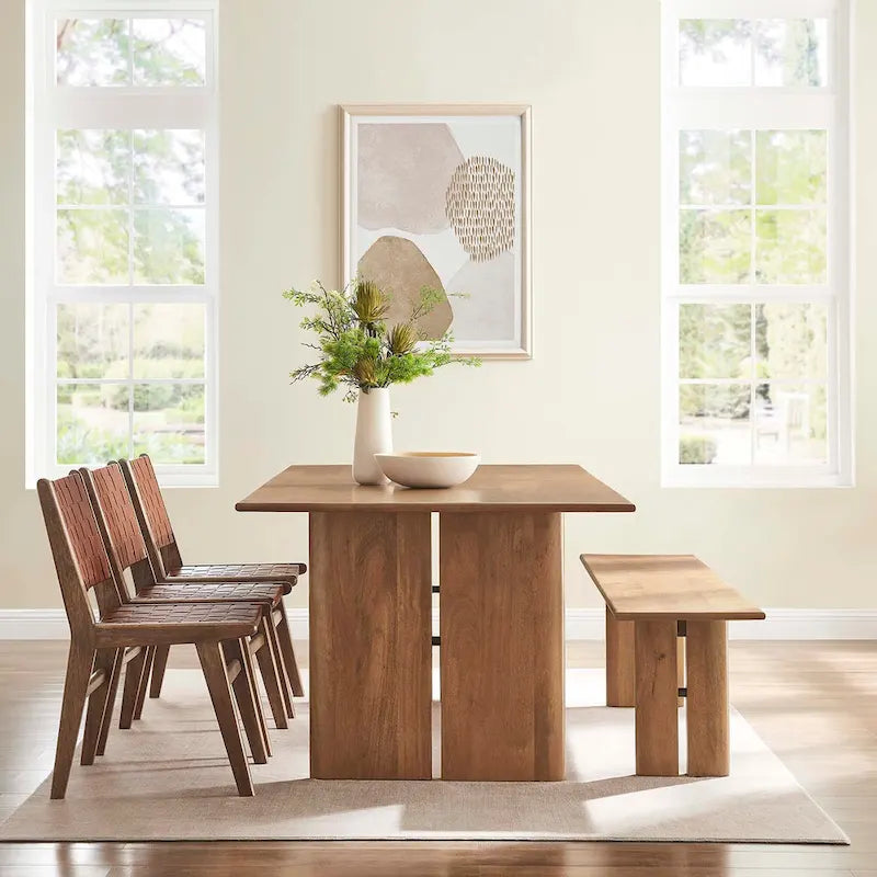 Table de salle à manger rectangulaire et banc en Chêne / Noyer, 8 places