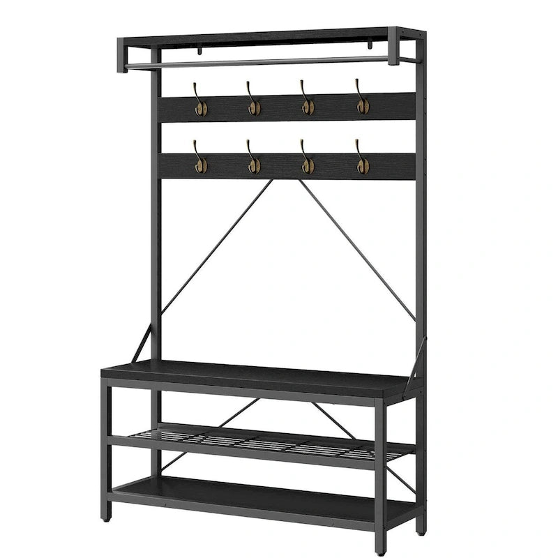 Meuble d'entrée avec banc à chaussures et étagères de rangement – Noir / Gris / Marron, 1 personne