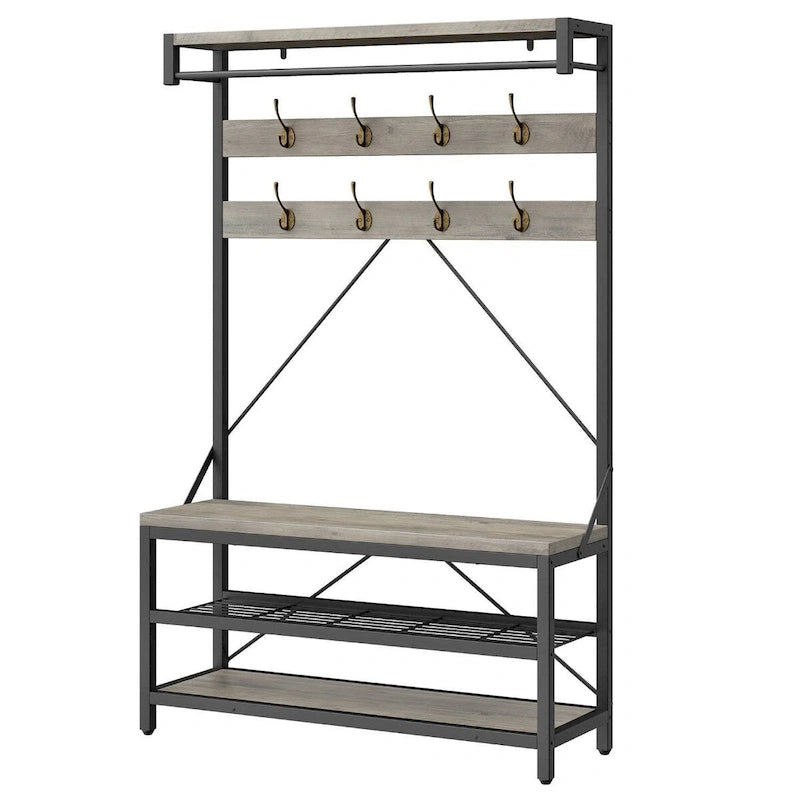 Meuble d'entrée avec banc à chaussures et étagères de rangement – Noir / Gris / Marron, 1 personne