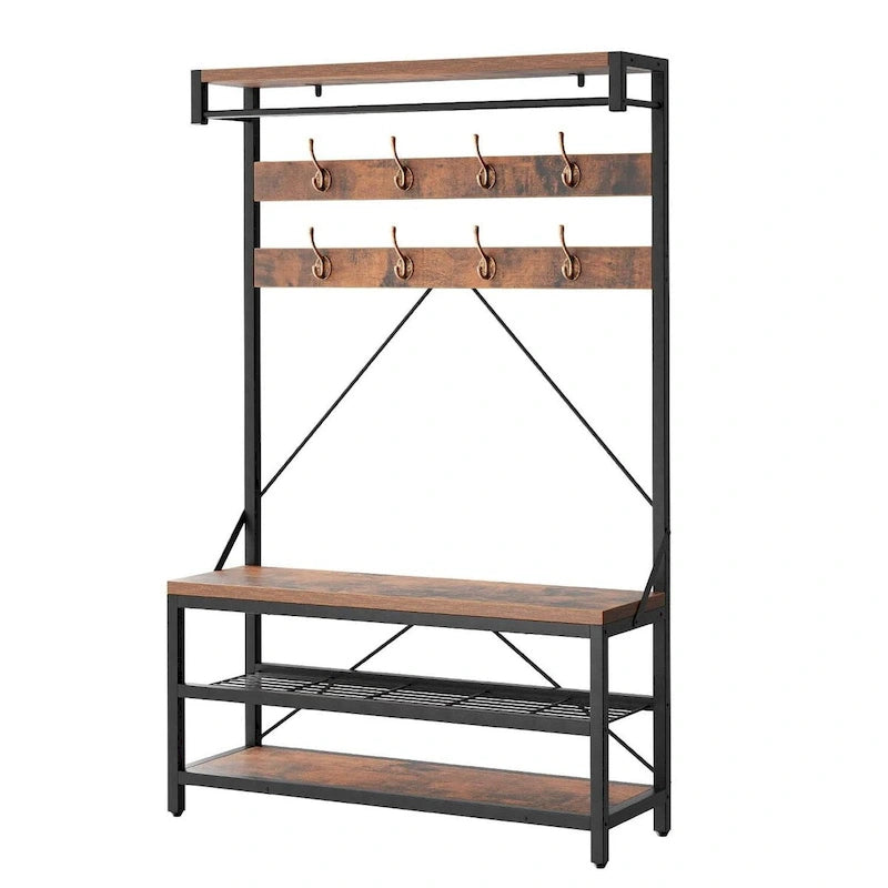 Meuble d'entrée avec banc à chaussures et étagères de rangement – Noir / Gris / Marron, 1 personne