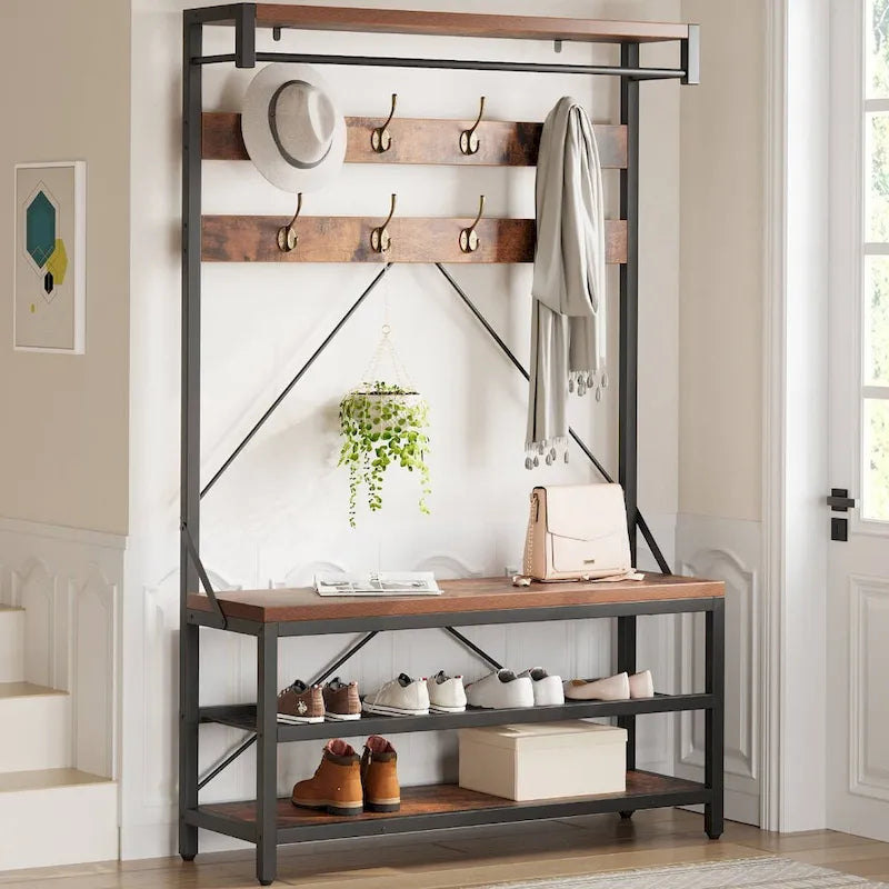 Meuble d'entrée avec banc à chaussures et étagères de rangement – Noir / Gris / Marron, 1 personne