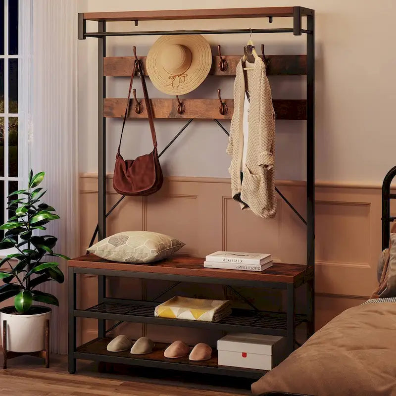 Meuble d'entrée avec banc à chaussures et étagères de rangement – Noir / Gris / Marron, 1 personne