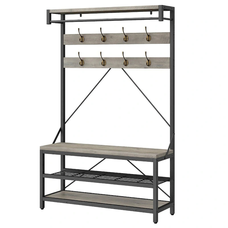 Meuble d'entrée avec banc à chaussures et étagères de rangement – Noir / Gris / Marron, 1 personne