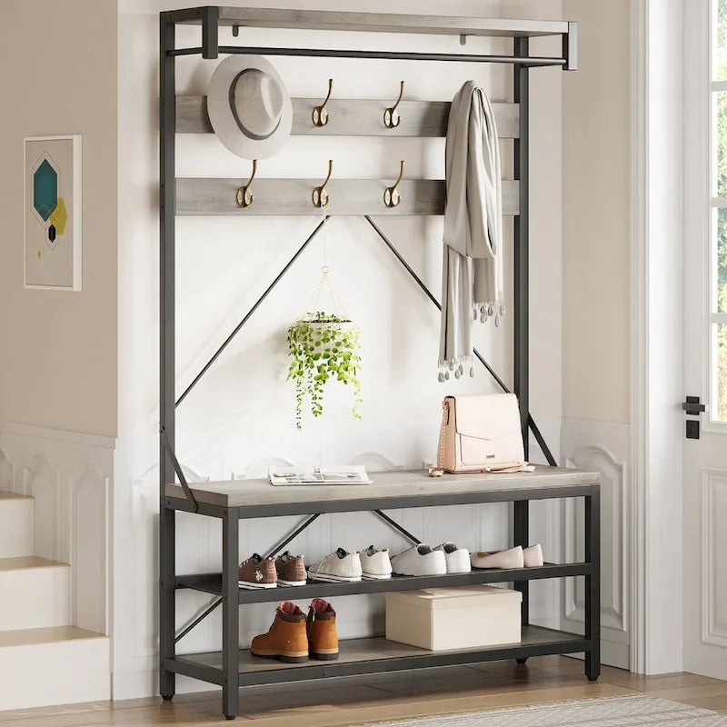 Meuble d'entrée avec banc à chaussures et étagères de rangement – Noir / Gris / Marron, 1 personne