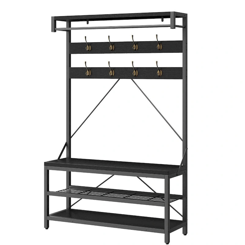 Meuble d'entrée avec banc à chaussures et étagères de rangement – Noir / Gris / Marron, 1 personne