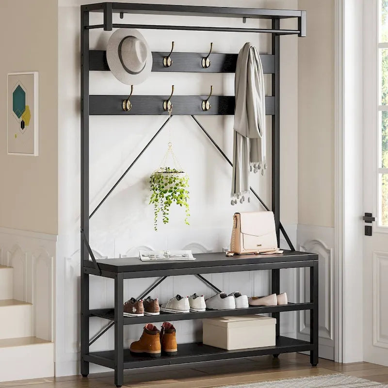 Meuble d'entrée avec banc à chaussures et étagères de rangement – Noir / Gris / Marron, 1 personne