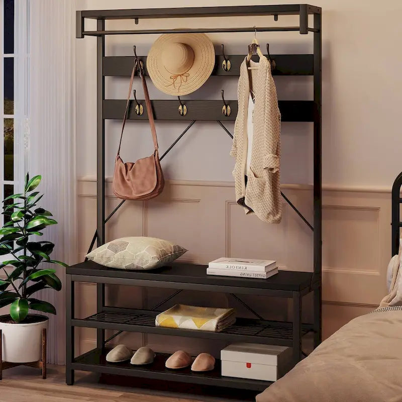 Meuble d'entrée avec banc à chaussures et étagères de rangement – Noir / Gris / Marron, 1 personne