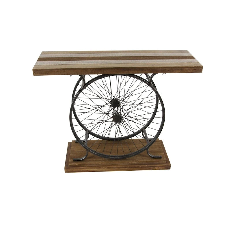Console industrielle marron/bleu, plateau en bois à lattes avec cadre à double roue, 1 pièce