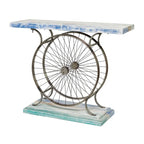 Console industrielle marron/bleu, plateau en bois à lattes avec cadre à double roue, 1 pièce