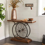 Console industrielle marron/bleu, plateau en bois à lattes avec cadre à double roue, 1 pièce