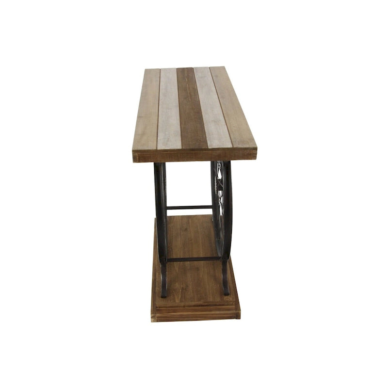 Console industrielle marron/bleu, plateau en bois à lattes avec cadre à double roue, 1 pièce