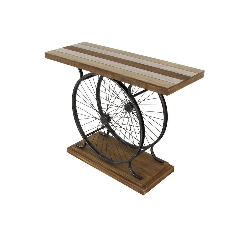 Console industrielle marron/bleu, plateau en bois à lattes avec cadre à double roue, 1 pièce