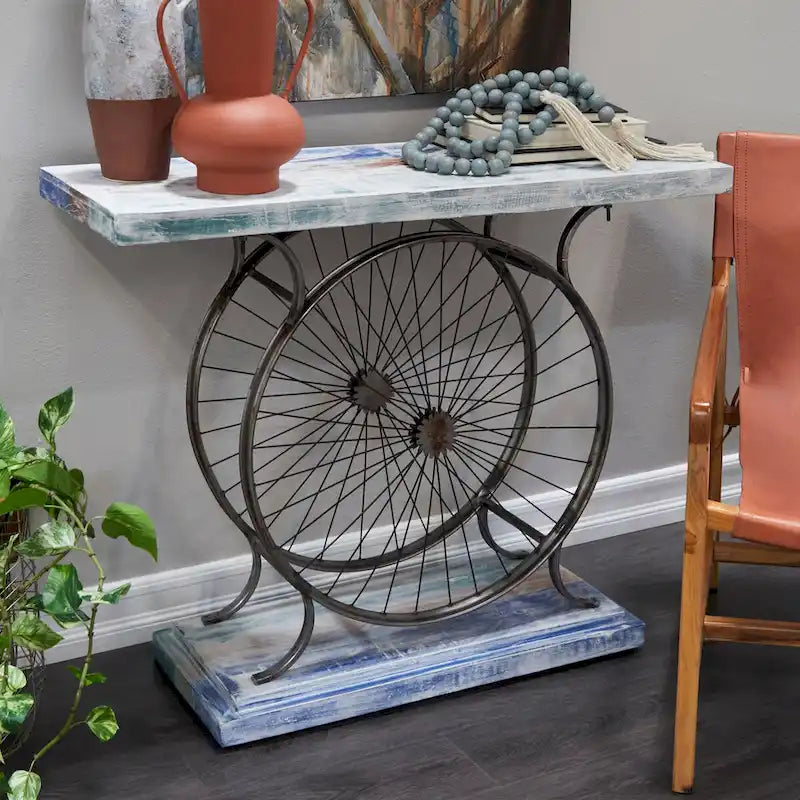 Console industrielle marron/bleu, plateau en bois à lattes avec cadre à double roue, 1 pièce