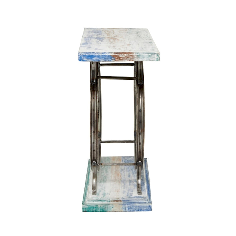 Console industrielle marron/bleu, plateau en bois à lattes avec cadre à double roue, 1 pièce