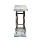 Console industrielle marron/bleu, plateau en bois à lattes avec cadre à double roue, 1 pièce