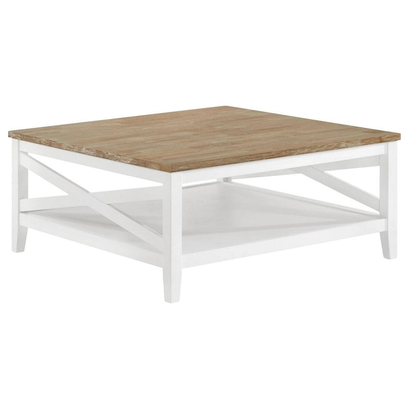 Maise 39 Inch Coffee Table, Rustic Wire Brushed Wood Top, Brown and White