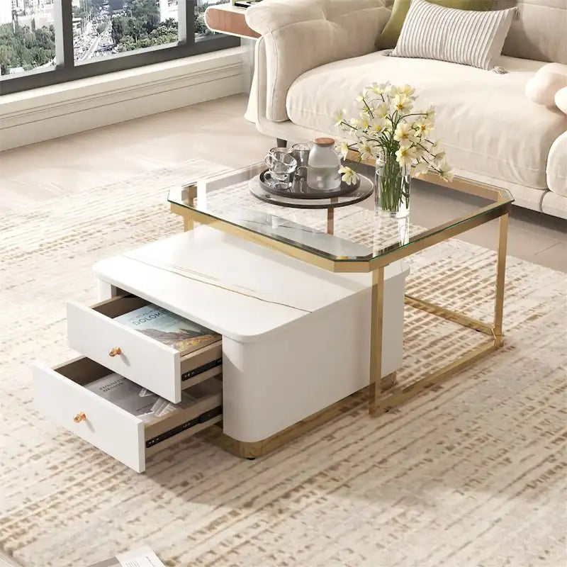 Tables basses gigognes carrées Golden White / Golden Black avec 2 tiroirs, lot de 2