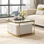 Tables basses gigognes carrées Golden White / Golden Black avec 2 tiroirs, lot de 2
