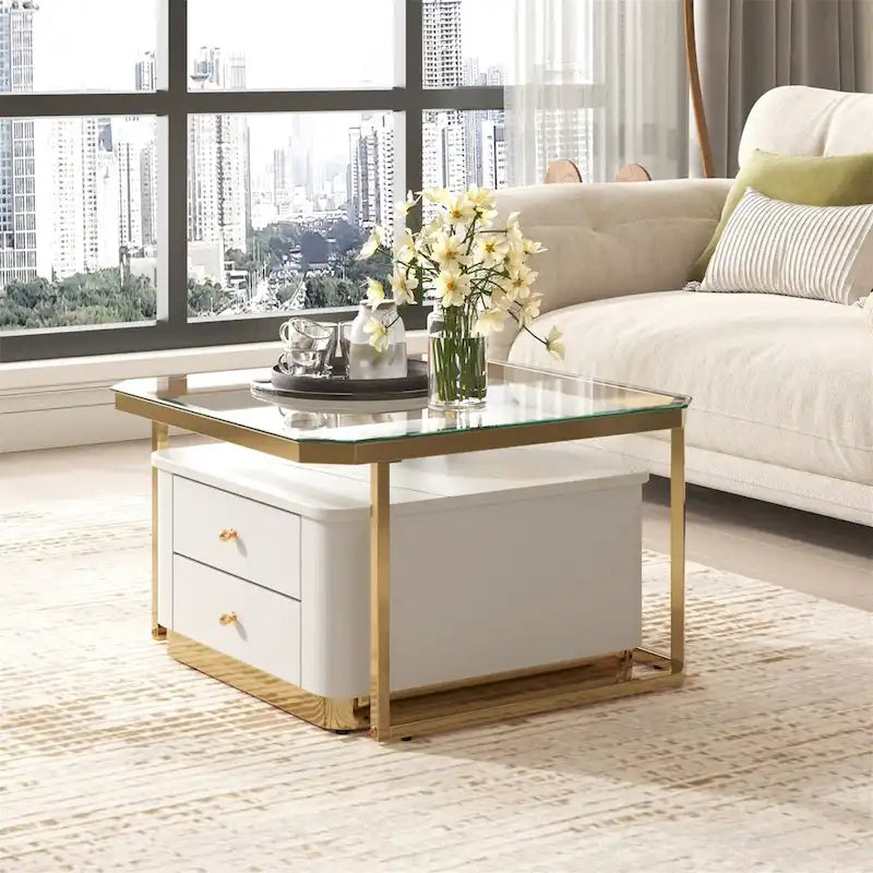 Tables basses gigognes carrées Golden White / Golden Black avec 2 tiroirs, lot de 2