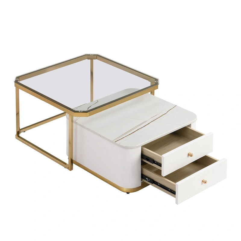 Tables basses gigognes carrées Golden White / Golden Black avec 2 tiroirs, lot de 2