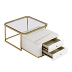 Tables basses gigognes carrées Golden White / Golden Black avec 2 tiroirs, lot de 2