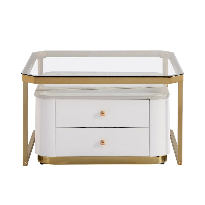Tables basses gigognes carrées Golden White / Golden Black avec 2 tiroirs, lot de 2