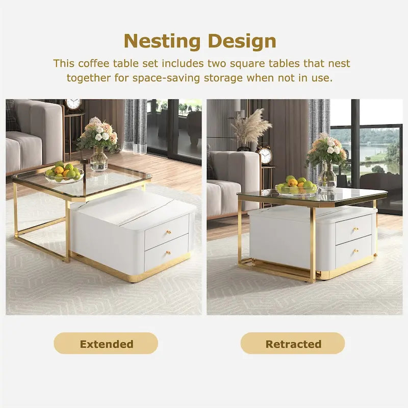 Tables basses gigognes carrées Golden White / Golden Black avec 2 tiroirs, lot de 2