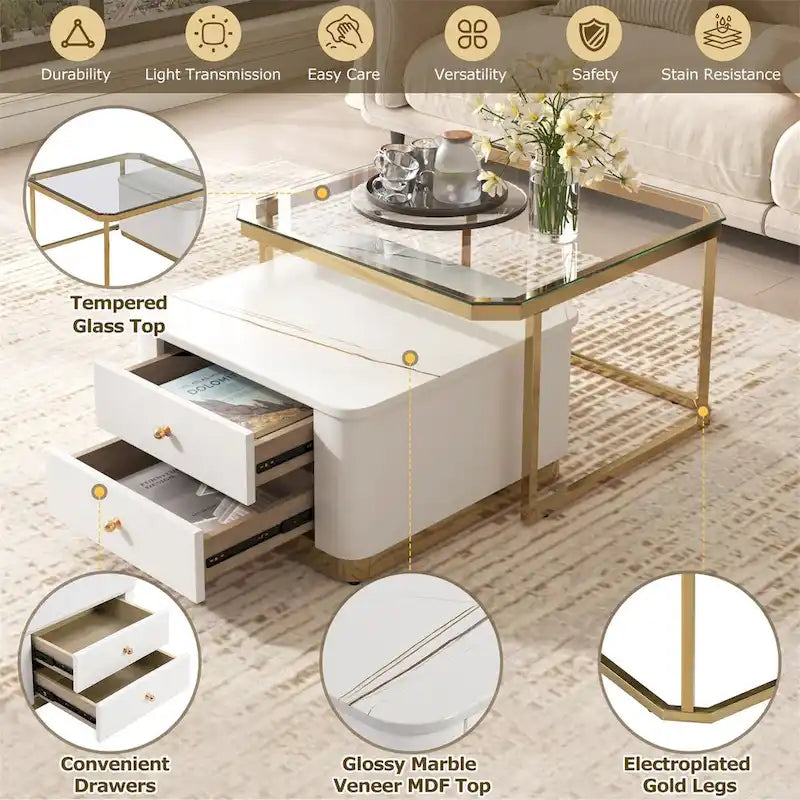 Tables basses gigognes carrées Golden White / Golden Black avec 2 tiroirs, lot de 2